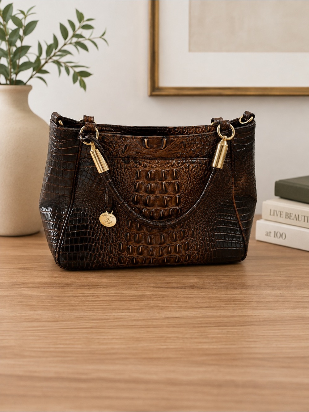 Croc-Embossed Brown Shoulder Bag with Gold Accents